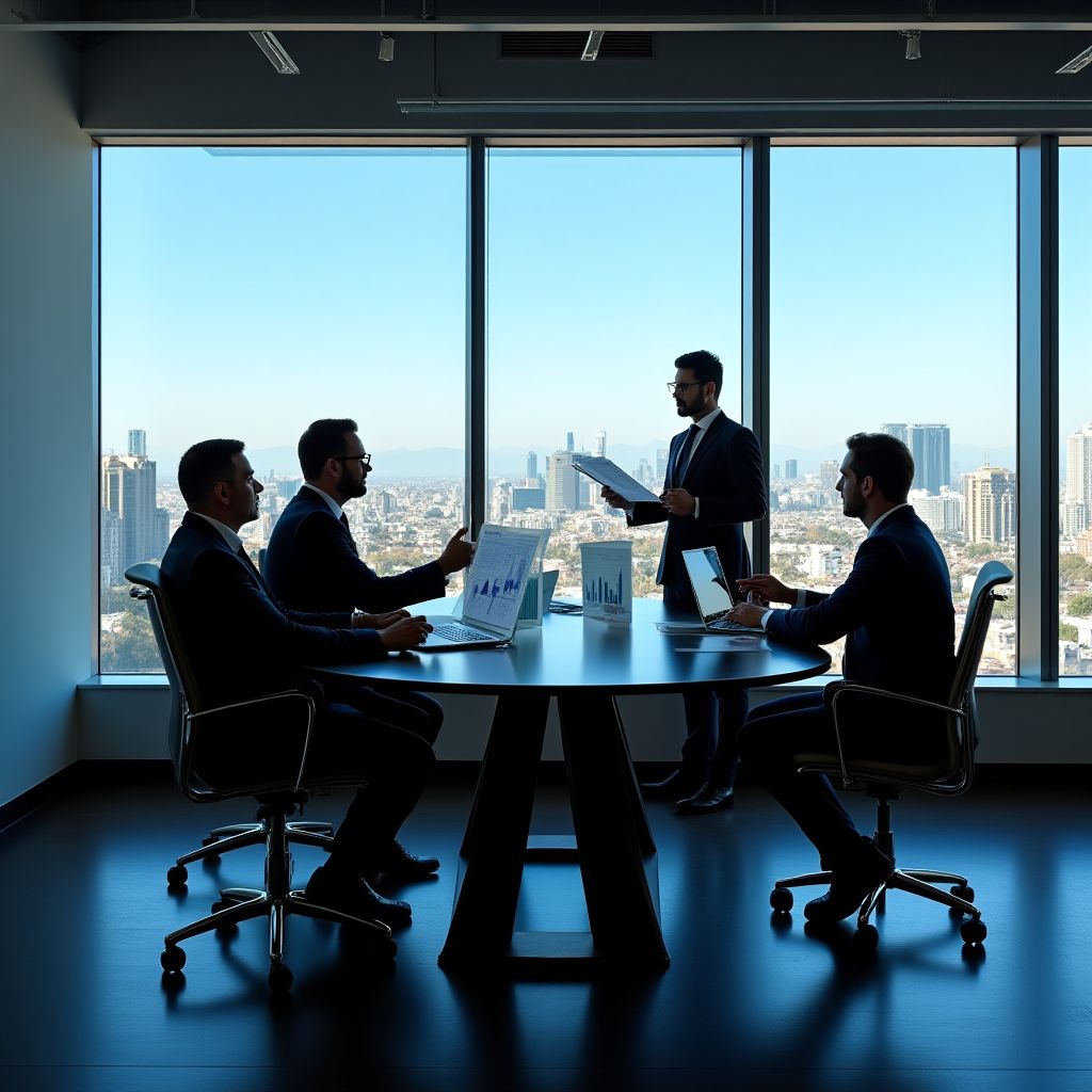 Equipo de asesores financieros en reunión estratégica